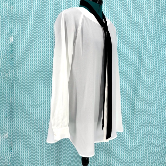 Cabi Tuxedo Blouse # 3421, White Semi-Sheer Long Sleeve with Black Tie, Small - Picture 12 of 16